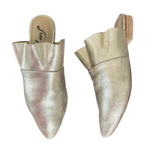 Free People Sienna Gold Metallic Point Toe Leather Ruffle Slip On Flats Size 37